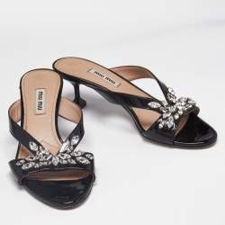 Miu Miu Black Patent Leather Crystal Embellished Slide Sandals Size 36