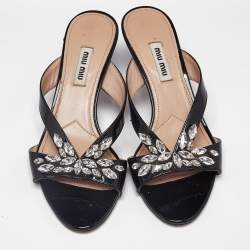 Miu Miu Black Patent Leather Crystal Embellished Slide Sandals Size 36