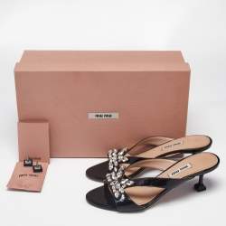 Miu Miu Black Patent Leather Crystal Embellished Slide Sandals Size 36