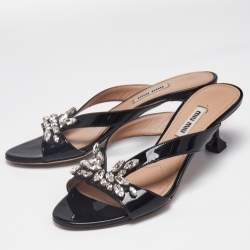 Miu Miu Black Patent Leather Crystal Embellished Slide Sandals Size 36