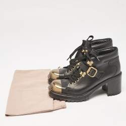 Miu Miu Black lLather Block Heel Ankle Combat Boots Size 36