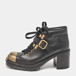 Miu Miu Black lLather Block Heel Ankle Combat Boots Size 36