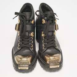 Miu Miu Black lLather Block Heel Ankle Combat Boots Size 36