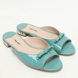 Miu Miu Mint Green Patent Leather Bow Crystal Embellished Heel Flat Slides Size 37