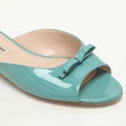 Miu Miu Mint Green Patent Leather Bow Crystal Embellished Heel Flat Slides Size 37
