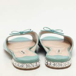 Miu Miu Mint Green Patent Leather Bow Crystal Embellished Heel Flat Slides Size 37