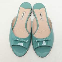 Miu Miu Mint Green Patent Leather Bow Crystal Embellished Heel Flat Slides Size 37