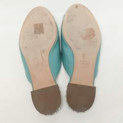 Miu Miu Mint Green Patent Leather Bow Crystal Embellished Heel Flat Slides Size 37