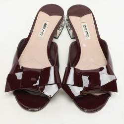 Miu Miu Burgundy Patent Leather Bow Crystal Embellished Heel Slide Sandals Size 37