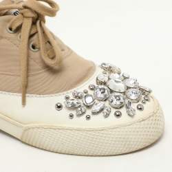 Miu Miu Beige/White Canvas and Rubber Crystal Embellished Cap Toe Sneakers Size 36.5