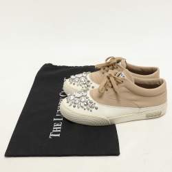 Miu Miu Beige/White Canvas and Rubber Crystal Embellished Cap Toe Sneakers Size 36.5
