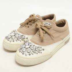 Miu Miu Beige/White Canvas and Rubber Crystal Embellished Cap Toe Sneakers Size 36.5