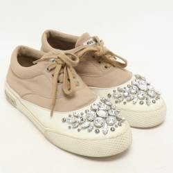 Miu Miu Beige/White Canvas and Rubber Crystal Embellished Cap Toe Sneakers Size 36.5