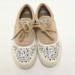 Miu Miu Beige/White Canvas and Rubber Crystal Embellished Cap Toe Sneakers Size 36.5