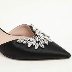 Miu Miu Black Satin Crystal Embellished Kitten Heel Ankle Strap Pumps Size 36.5