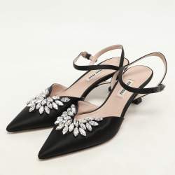 Miu Miu Black Satin Crystal Embellished Kitten Heel Ankle Strap Pumps Size 36.5