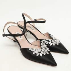 Miu Miu Black Satin Crystal Embellished Kitten Heel Ankle Strap Pumps Size 36.5
