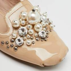 Miu Miu Beige Patent Leather Faux Pearls Ballet Flats Size 36