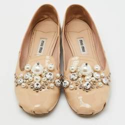 Miu Miu Beige Patent Leather Faux Pearls Ballet Flats Size 36