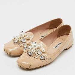 Miu Miu Beige Patent Leather Faux Pearls Ballet Flats Size 36