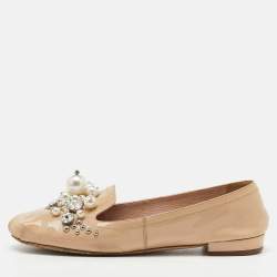 Miu Miu Beige Patent Leather Faux Pearls Ballet Flats Size 36