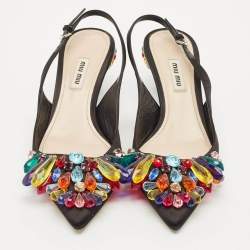 Miu Miu Black Satin Crystal Embellished Slingback Pumps Size 38