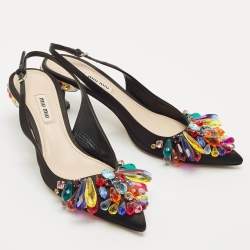 Miu Miu Black Satin Crystal Embellished Slingback Pumps Size 38