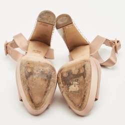 Miu Miu Beige Satin Crystal Embellished Block Heel Ankle Strap Platform Sandals Size 38.5