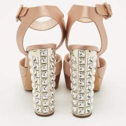 Miu Miu Beige Satin Crystal Embellished Block Heel Ankle Strap Platform Sandals Size 38.5