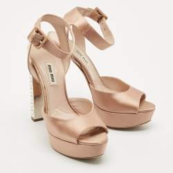 Miu Miu Beige Satin Crystal Embellished Block Heel Ankle Strap Platform Sandals Size 38.5