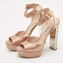 Miu Miu Beige Satin Crystal Embellished Block Heel Ankle Strap Platform Sandals Size 38.5
