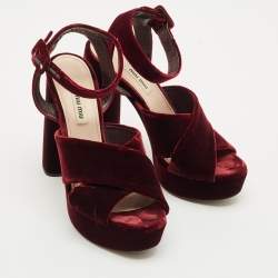 Miu Miu Burgundy Velvet Platform Criss Cross Ankle Strap Sandals Size 38.5