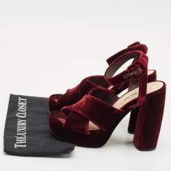 Miu Miu Burgundy Velvet Platform Criss Cross Ankle Strap Sandals Size 38.5