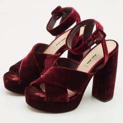 Miu Miu Burgundy Velvet Platform Criss Cross Ankle Strap Sandals Size 38.5
