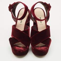 Miu Miu Burgundy Velvet Platform Criss Cross Ankle Strap Sandals Size 38.5