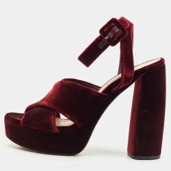Miu Miu Burgundy Velvet Platform Criss Cross Ankle Strap Sandals Size 38.5