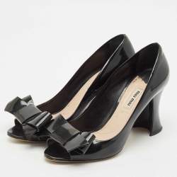 Miu Miu Black Patent Leather Bow Peep Toe Pumps Size 38