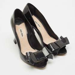 Miu Miu Black Patent Leather Bow Peep Toe Pumps Size 38