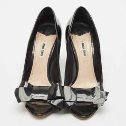 Miu Miu Black Patent Leather Bow Peep Toe Pumps Size 38