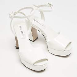 Miu Miu White Patent Leather Platform Ankle Strap Sandals Size 36