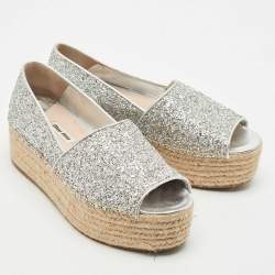 Miu Miu Silver Glitter Platform Espadrille Flats Size 39