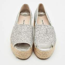 Miu Miu Silver Glitter Platform Espadrille Flats Size 39