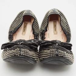 Miu Miu Black Patent Leather Studded Bow Scrunch Ballet Flats Size 38.5