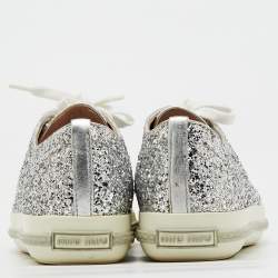 Miu Miu Silver Glitter Crystal Embellished Lace Up Sneakers Size 37.5