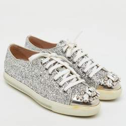 Miu Miu Silver Glitter Crystal Embellished Lace Up Sneakers Size 37.5