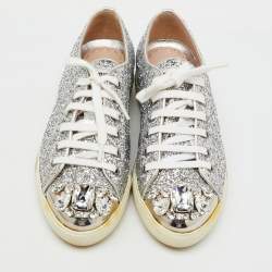 Miu Miu Silver Glitter Crystal Embellished Lace Up Sneakers Size 37.5
