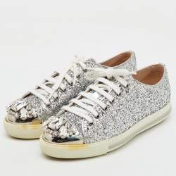 Miu Miu Silver Glitter Crystal Embellished Lace Up Sneakers Size 37.5