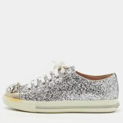 Miu Miu Silver Glitter Crystal Embellished Lace Up Sneakers Size 37.5