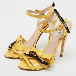 Miu Miu Yellow/Black Patent Leather Bow Ankle Strap Sandals Size 36