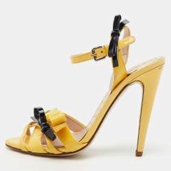 Miu Miu Yellow/Black Patent Leather Bow Ankle Strap Sandals Size 36